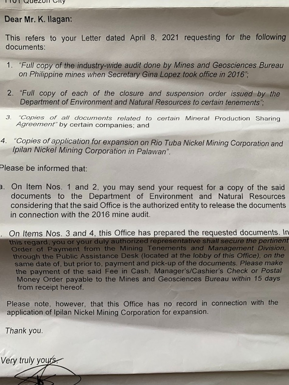 A copy of the Mines and Geosciences Bureau’s response to PCIJ’s request for a copy of the mine audit reports. Source: Mines and Geosciences Bureau