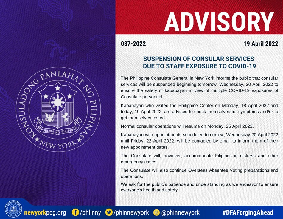 Advisory of the Philippine Consulate General in New York on April 19, 2022.