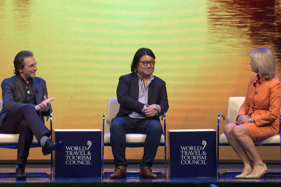 Lawrence Bender (left) and Kevin Kwan at the WTTC global summit. Screengrab from WTTC