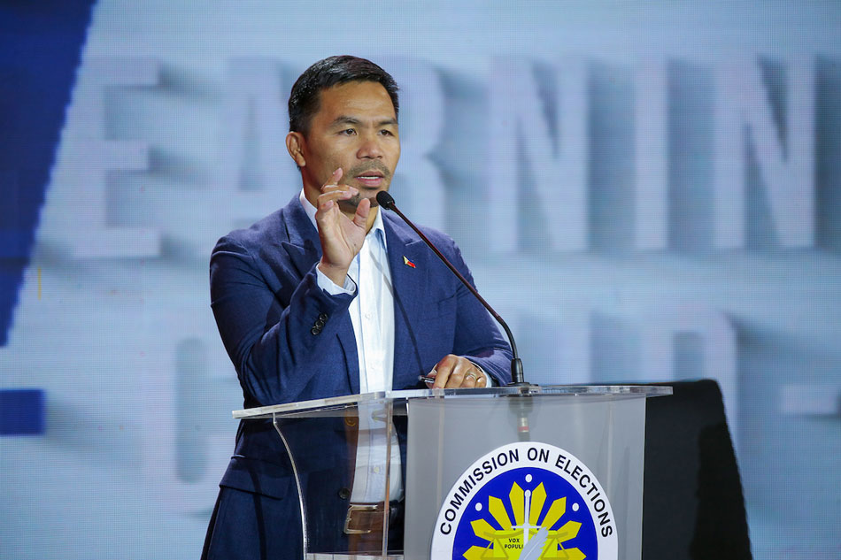 Presidential candidate Sen. Manny Pacquiao joins the second Commission on Elections’ #PilipinasDebates2022: The Turning Point at the Sofitel Tent in Pasay City on April 3, 2022. Mark Demayo, ABS-CBN News/File 