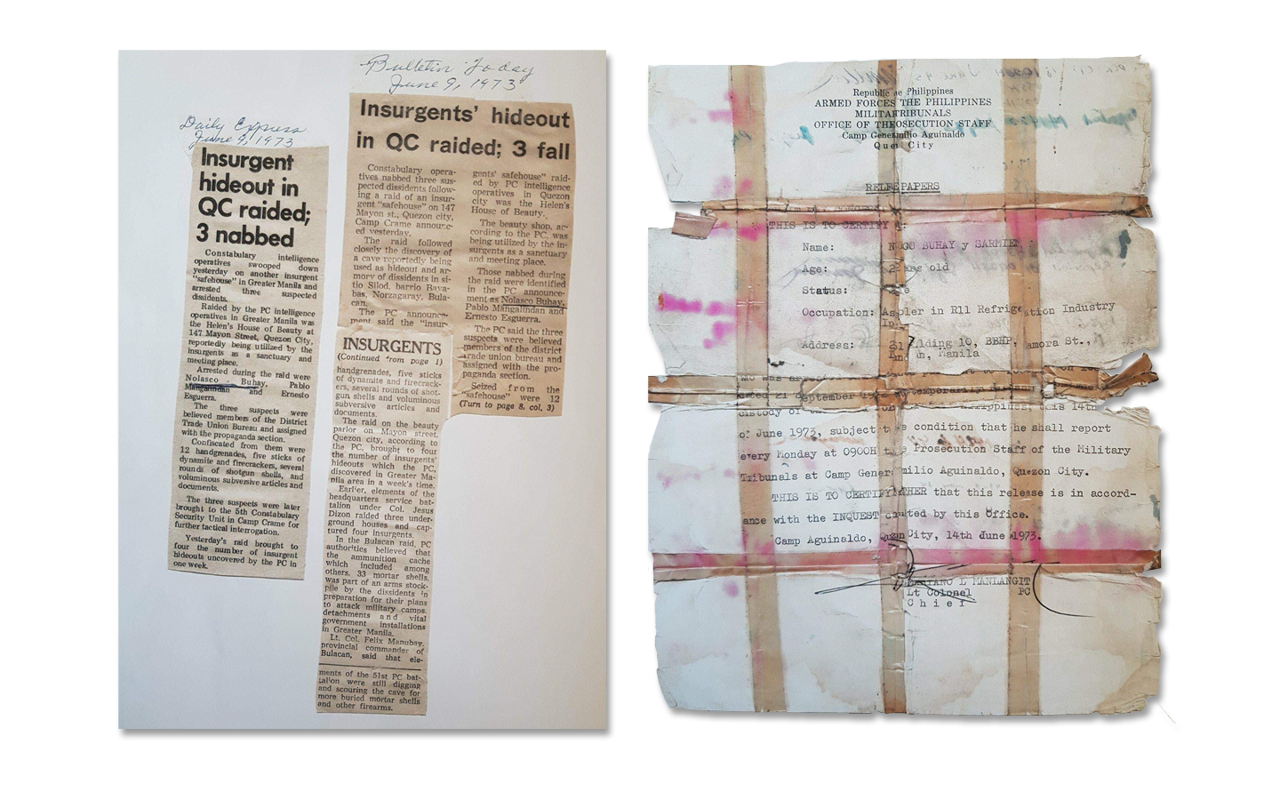 Nolasco Buhay’s appearance in the press ensured documentation of his arrest, therefore his release and survival. Photos courtesy of Nolasco Buhay.
