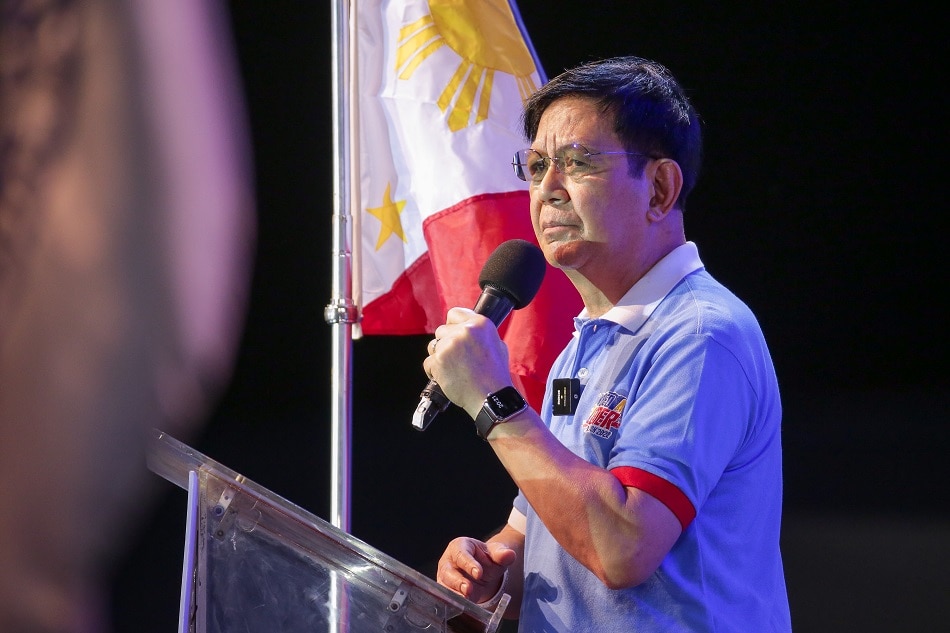 Presidential aspirant Sen. Panfilo “Ping” Lacson addresses the crowd during his party's proclamation rally at the Imus City Grandstand in Cavite on Feb. 8, 2022. George Calvelo, ABS-CBN News