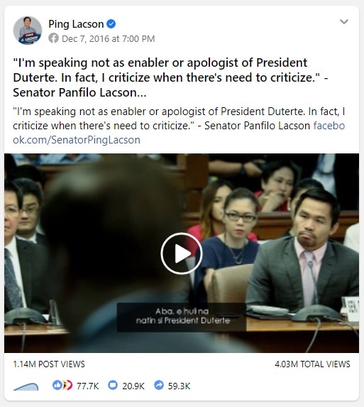 Ping Lacson&#39;s FB page grows steadily but not at par in size with competitors&#39; 1