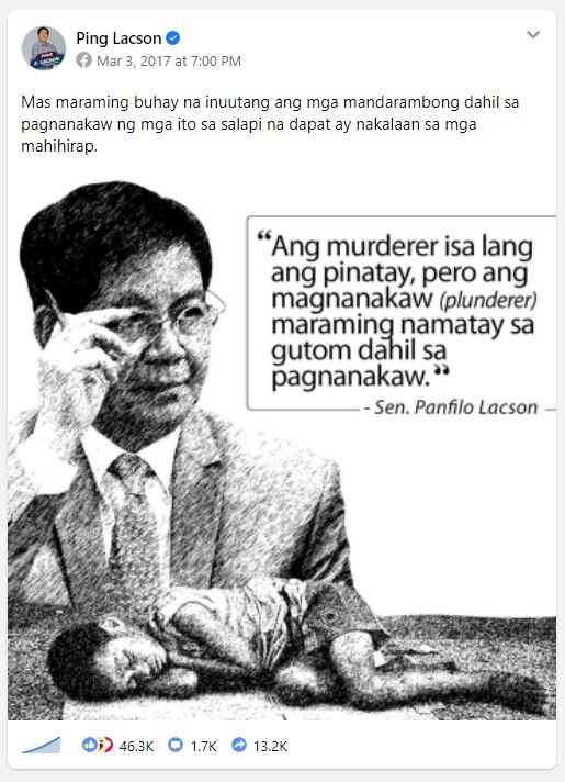 Ping Lacson&#39;s FB page grows steadily but not at par in size with competitors&#39; 2