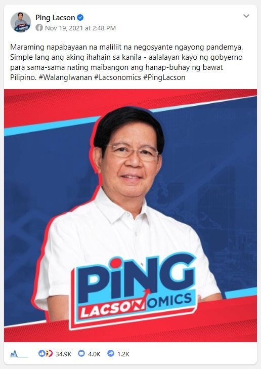 Ping Lacson&#39;s FB page grows steadily but not at par in size with competitors&#39; 6