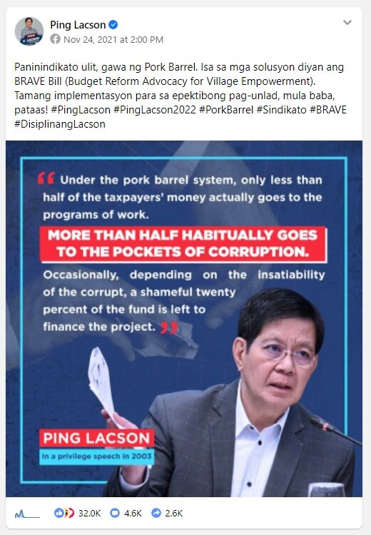 Ping Lacson&#39;s FB page grows steadily but not at par in size with competitors&#39; 8