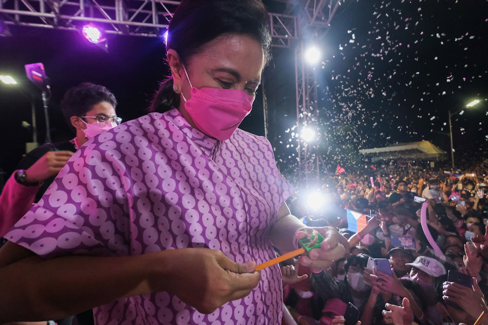 Presidential candidate Vice President Leni Robredo greets supporters during the Angat Buhay Zambo Norte: Dipolog City People’s Rally along Sunset Boulevard, Dipolog City, Zamboanga del Norte on May 4, 2022. VP Leni Robredo media handout