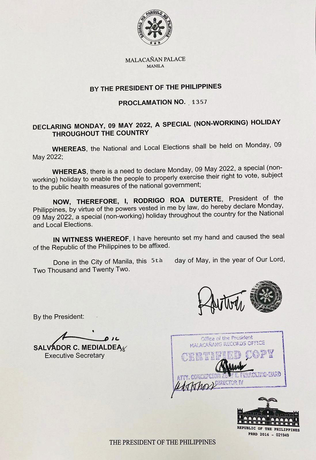 Duterte declares election day a nonworking holiday ABSCBN News