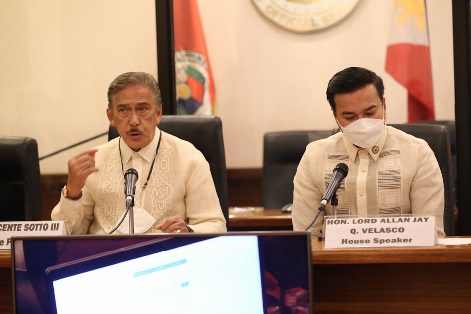 Senate President Vicente C. Sotto III and House Speaker Rep. Lord Allan Velasco lead the initialization of Consolidation and Canvassing System (CCS) at the House of Representatives in Quezon City on May 9, 2022. Louie Millang, Office of Senate President Vicente C. Sotto III/handout 