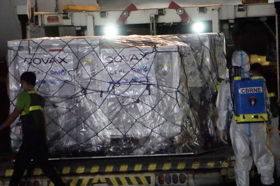 Some 487,200 doses of AstraZeneca COVID-19 vaccines from COVAX facility arrive at Villamor Air Base in Pasay City on March 4, 2021. PCOO-OGMPA handout