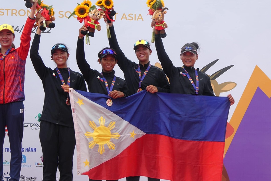 Joanie Delgaco, Amelyn Pagulayan, Josephine Qua and Kristine Paraon won bronze in the women's quadruple sculls event of the 31st Southeast Asian Games. Photo courtesy of the Philippine Rowing Association.