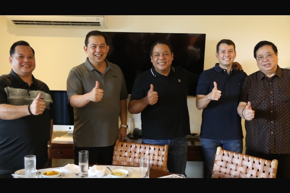 Nationalist People's Coalition (NPC) Secretary General and former Batangas Rep. Mark Llandro Mendoza (left), Rizal Rep. Jack Duavit (center), Quezon Rep. Mark Enverga (2nd from left), and National Unity Party (NUP) Secretary General Reginald Velasco give their thumbs up to calls for House Majority Leader and Leyte 1st District Rep. Martin G. Romualdez (2nd from left) to be the next Speaker of the next Congress during a luncheon meeting Sunday in Makati City. Handout photo.