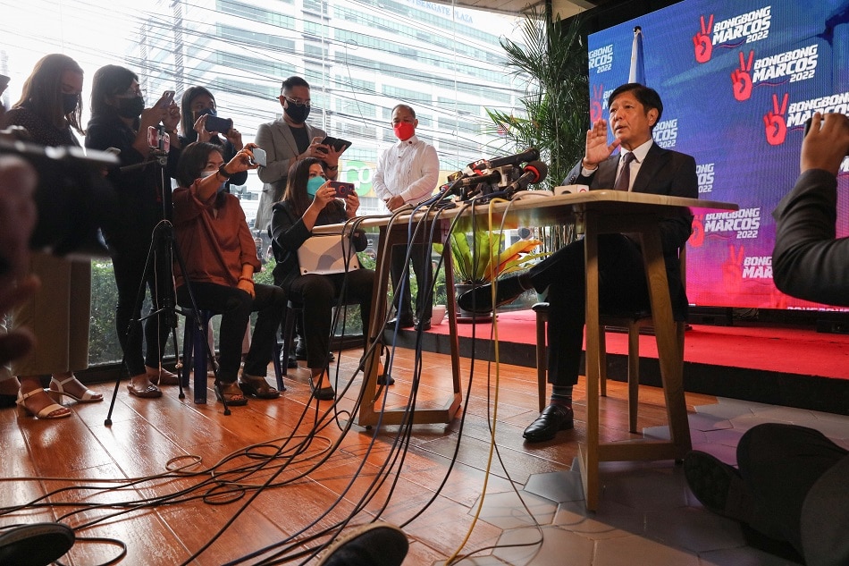 Presumptive President Ferdinand ‘Bongbong’ Marcos addresses the members of the media during a briefing at the BBM Campaign Headquarters in Mandaluyong City on May 23, 2022. Jonathan Cellona, ABS-CBN News/File