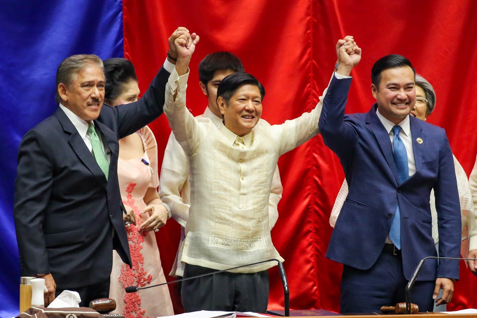 Ferdinand Marcos Jr. is proclaimed the president-elect of the Philippines during a formal ceremony officiated by Senate-president Vicente Sotto III (L) and House Speaker Lord Allan Velasco at the House of Representatives at the Batasan Pambansa in Quezon City on May 25, 2022. Jonathan Cellona, ABS-CBN News