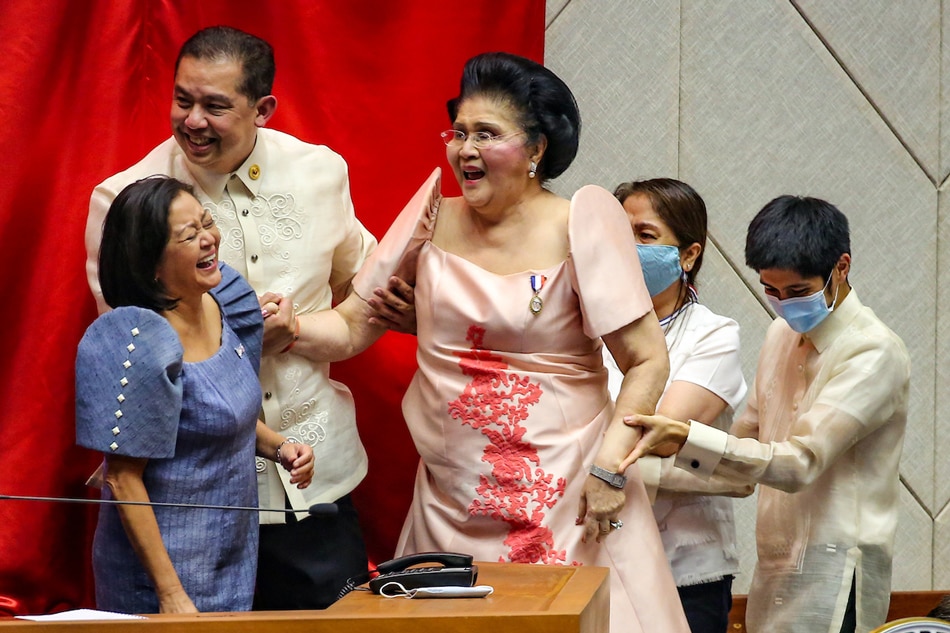 Imelda Marcos during the proclamation of her son Ferdinand Marcos Jr. as the president-elect of the Philippines during a formal ceremony officiated by Senate-president Vicente Sotto III (L) and House Speaker Lord Allan Velasco at the House of Representatives at the Batasan Pambansa in Quezon City on May 25, 2022