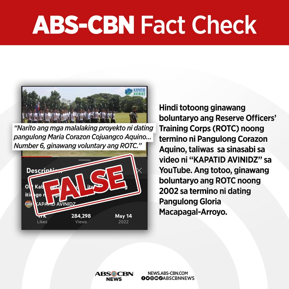 FACT CHECK: ‘Di totoong boluntaryo ang ROTC noong termino ni Cory Aquino