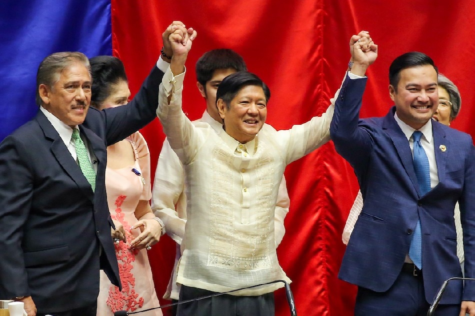 Ferdinand Marcos Jr. is proclaimed the president-elect of the Philippines during a formal ceremony officiated by Senate-president Vicente Sotto III (L) and House Speaker Lord Allan Velasco at the House of Representatives at the Batasan Pambansa in Quezon City on May 25, 2022. Jonathan Cellona, ABS-CBN News