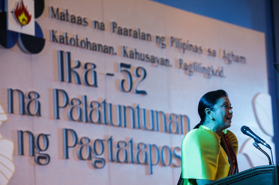 Presidential candidate Vice President Leni Robredo addresses supporters during a hanksgiving program at the Ateneo De Manila University in Quezon City on May 13, 2022 Jonathan Cellona, ABS-CBN News/File