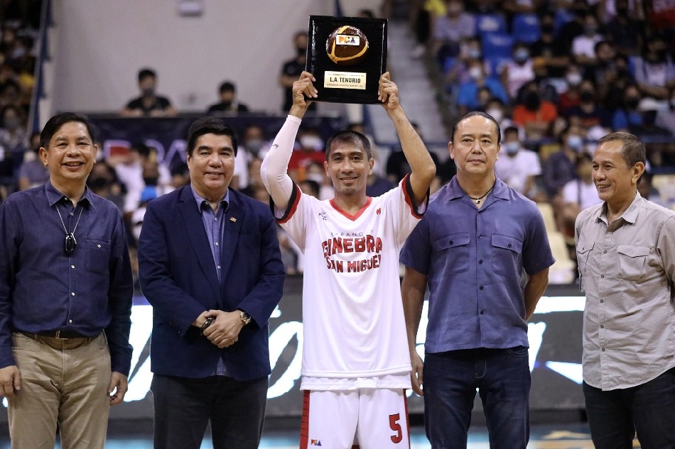 Ginebra's LA Tenorio was honored for playing his 700th game at the half of their PBA Philippine Cup contest against Blackwater. PBA Images