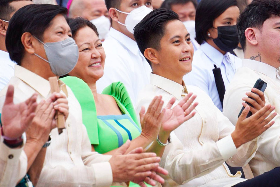 President-elect Ferdinand 'Bongbong' Marcos Jr. (in mask), wife Liza, and son Sandro (L-R) attend the oath-taking of Vice President-elect Sara Duterte in Davao City on June 19, 2022. Bongbong Marcos Twitter account
