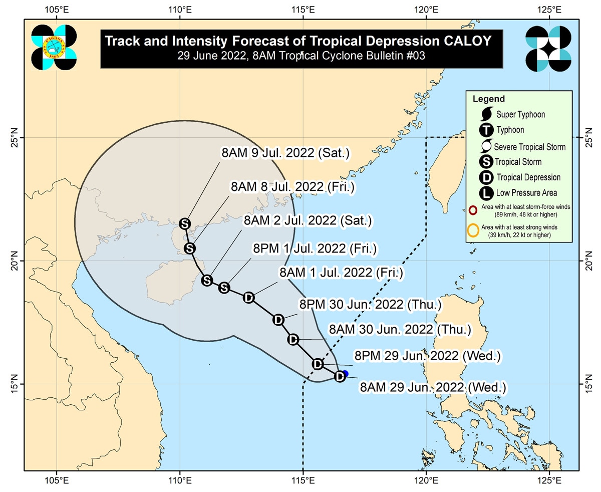 This image shows the track and intensity forecast of Caloy. PAGASA 