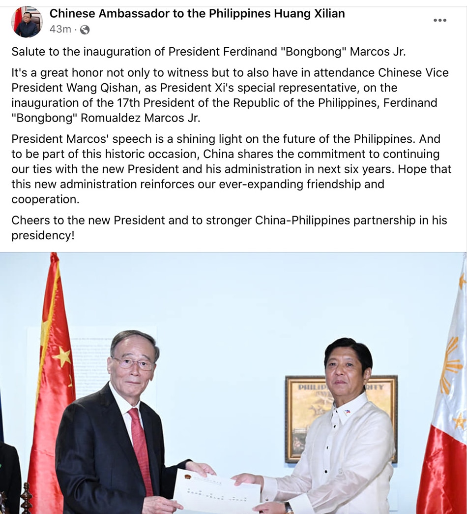 Screenshot from the Facebook page of the Chinese Ambassador in Manila