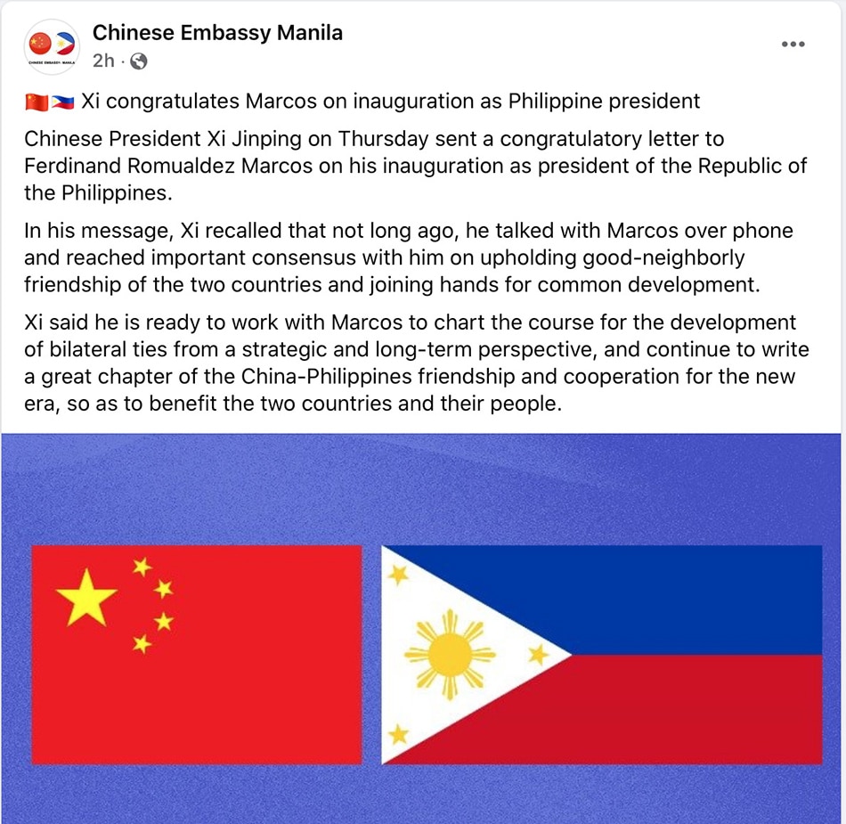 Screenshot from the Facebook page of the Chinese Embassy in Manila.