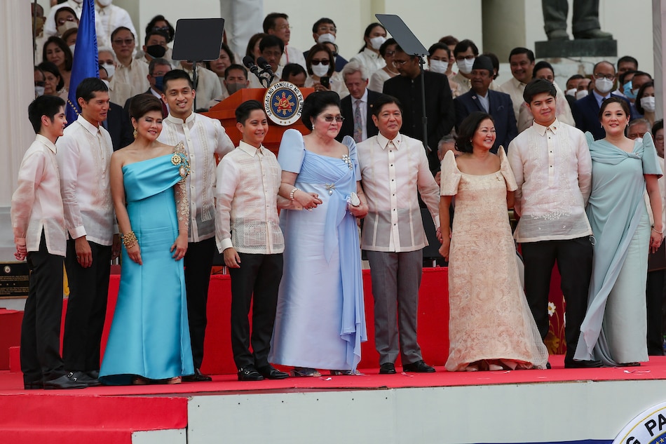 The Marcos family poses for pictures on stage after the inauguration ceremony of President Ferdinand “Bongbong” Marcos Jr. at the National Museum in Manila on June 30, 2022. George Calvelo, ABS-CBN News/File