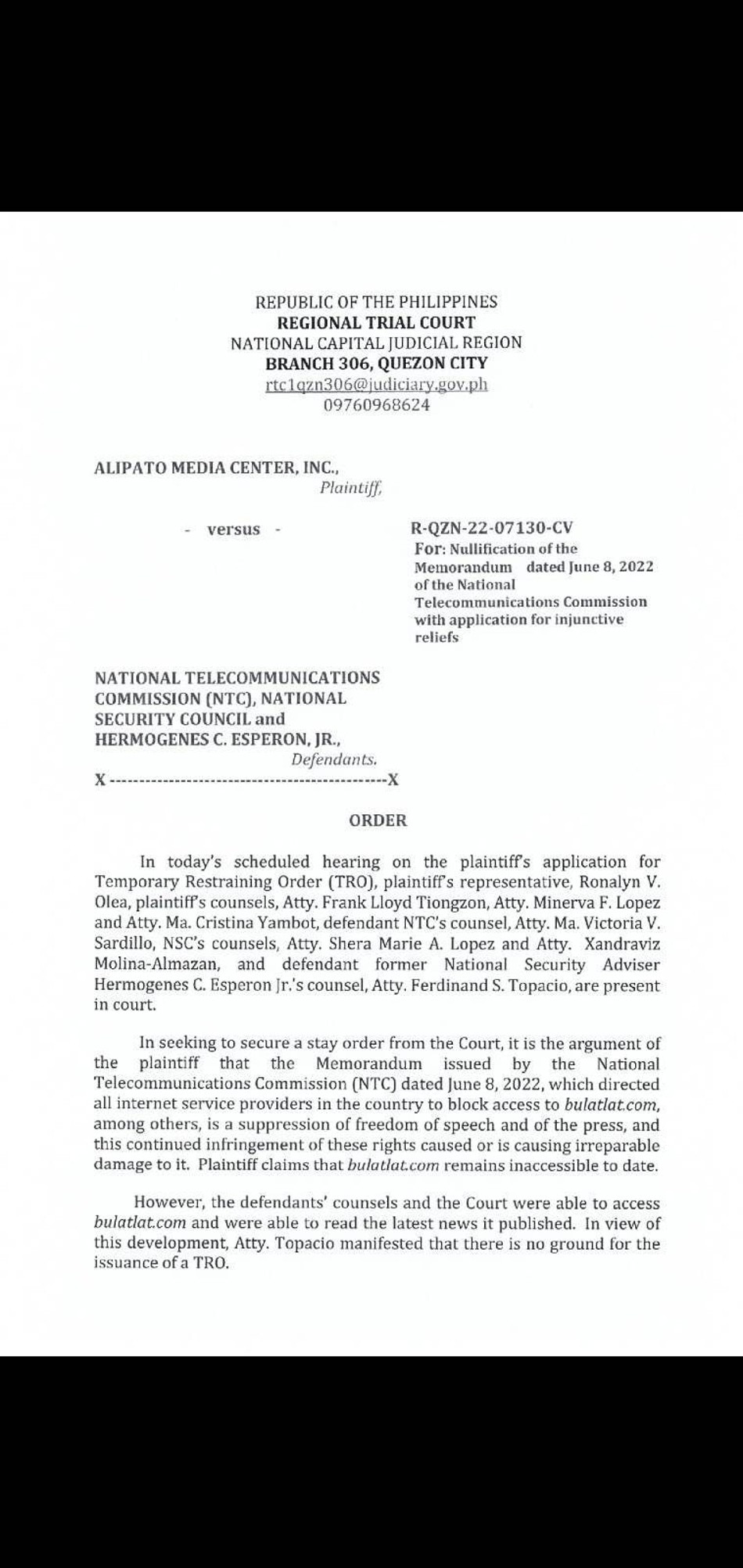 Court denies Bulatlat TRO plea vs order to block websites 1
