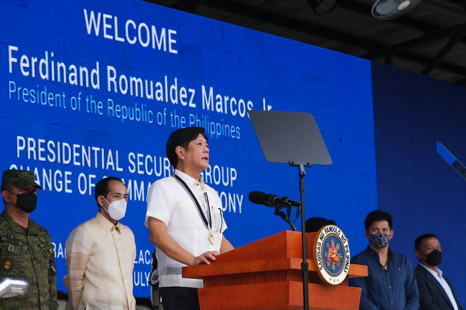 President Ferdinand Marcos Jr. speaks during the Change of Command Ceremony of the Presidential Security Group (PSG) at the PSG Grandstand in Malacañang Park, July 4, 2022. Office of the President/file