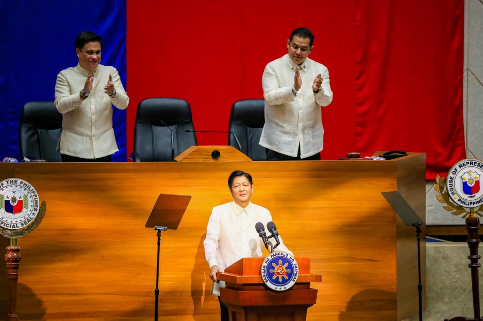 President Ferdinand Marcos Jr. delivers his first State of the Nation Address at the Batasan Complex as Senate President Migz Zubiri (L) and House Speaker Martin Romualdez look on in July 2022. File/Jonathan Cellona, ABS-CBN News