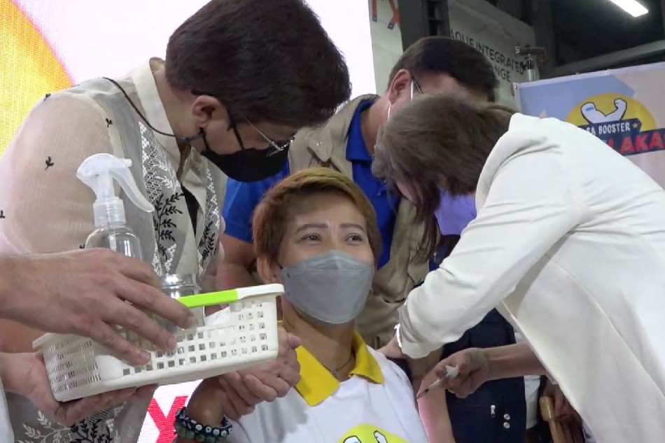 Members of the health, labor, tourism, and education sectors participate in the ceremonial vaccination during the 'PinasLakas' launch at the Parañaque Integrated Terminal Exchange. July 26, 2022. Screengrab from the Department of Health