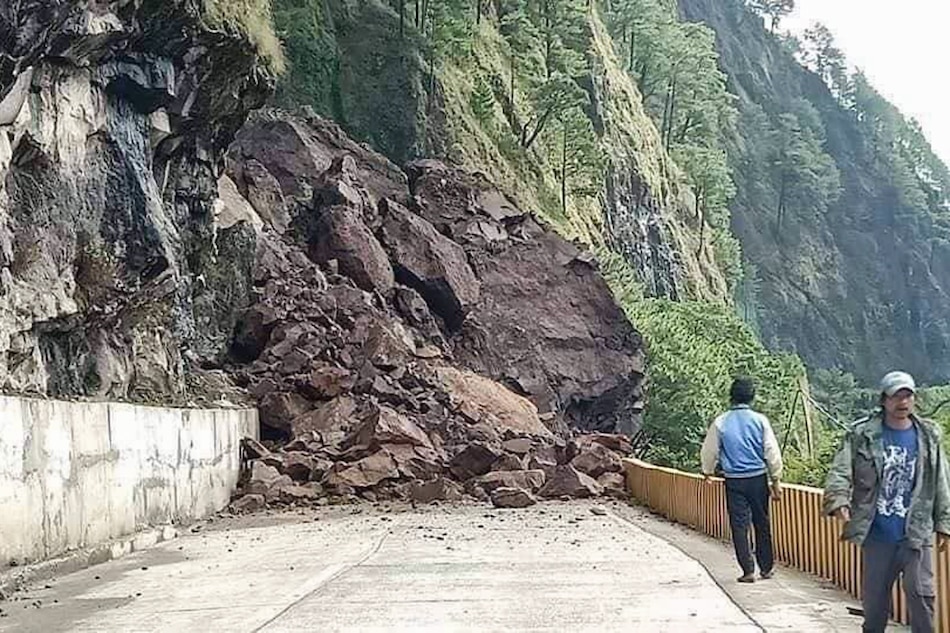 A landslide blocks Halsema Highway in Mountain Province after a powerful earthquake jolted the Cordillera Administrative Region on Wednesday. Authorities have advised motorists and travelers to postpone their trips to the area. Mountain Province MDRRMO