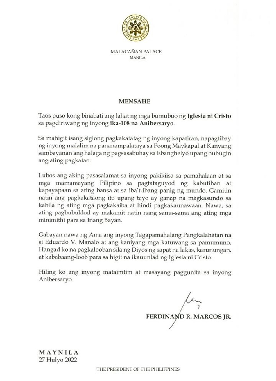 Marcos greets Iglesia Ni Cristo on its 108th anniversary