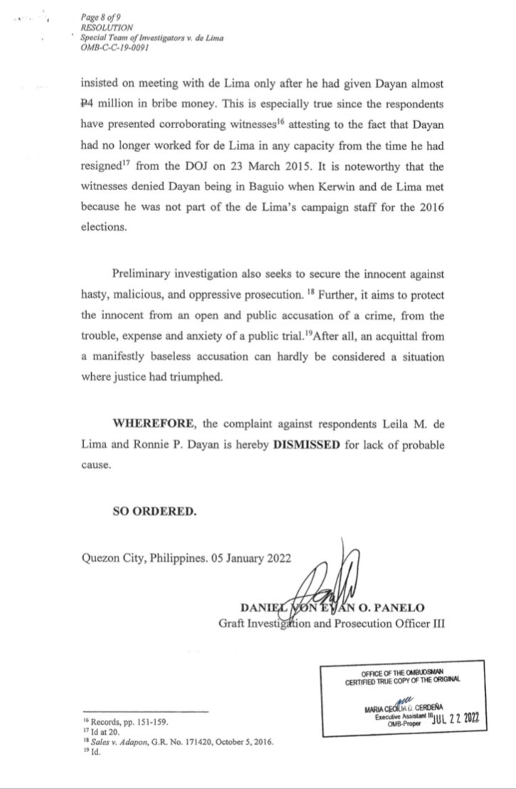 Ombudsman junks bribery raps vs De Lima, Ronnie Dayan 8
