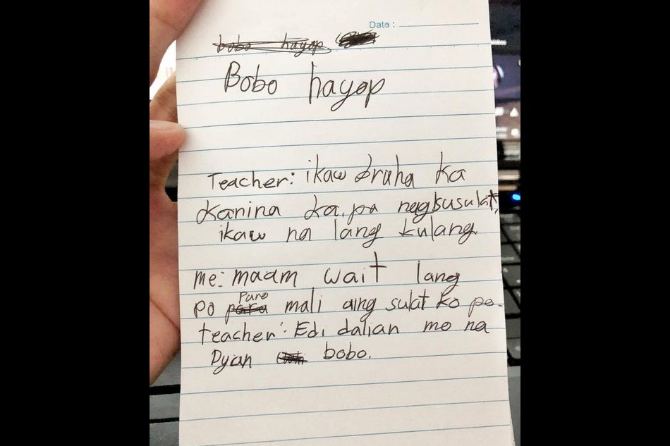 Sinulat ng isang bata sa Camarines Norte ang pang-aapi umano ng isang guro sa kaniya sa unang araw ng pasukan nitong Lunes. Kuha ni Jeannie Vargas