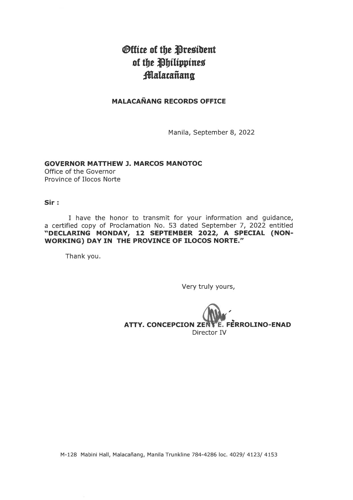 Sept. 12 declared a special non-working holiday in Ilocos Norte | ABS 