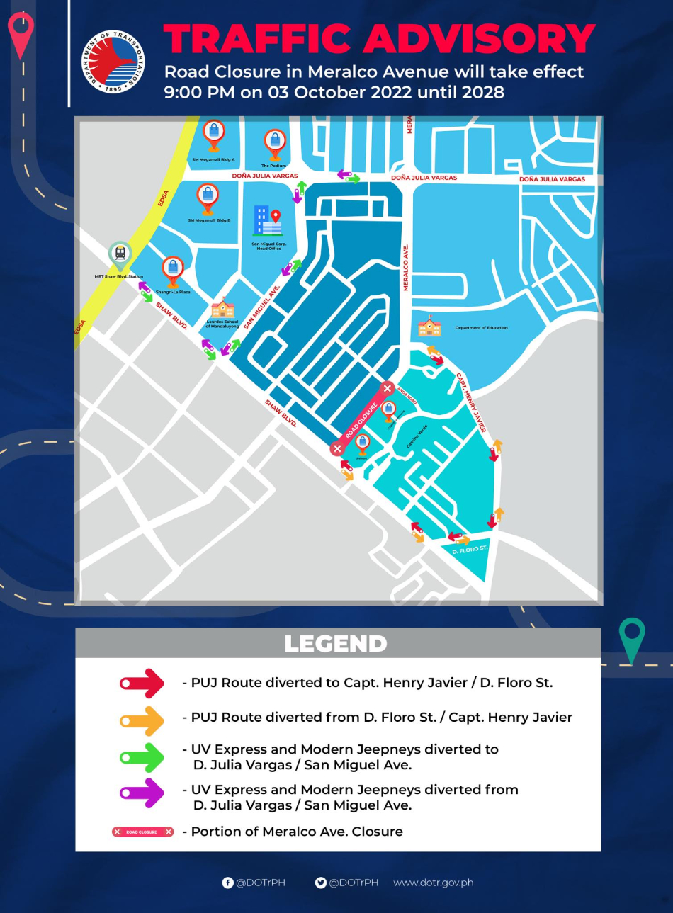 New routes for PUJs, modernized jeeps, UV express and private vehicles traveling from Meralco Avenue to Shaw Boulevard starting October 3, 2022. Image from the Department of Transportation