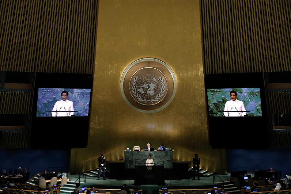 Nagbibigay ng talumpati si Pangulong Ferdinand Marcos Jr. sa United Nations Headquarters sa New York noong Setyembre 20, 2022. Peter Foley, EPA-EFE