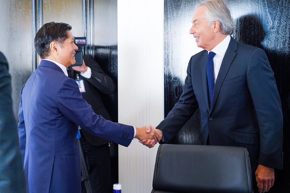 President Ferdinand Marcos Jr. shakes hands with former British Prime Minster Tony Blair during their meeting in New York City, United States on Sept. 21, 2022. Bongbong Marcos/Facebook