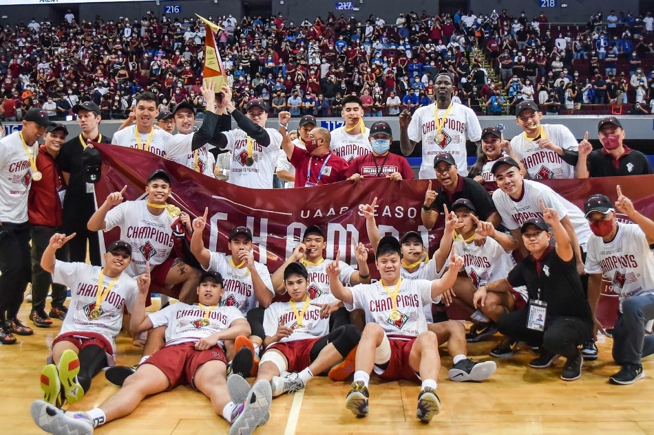 The UP Fighting Maroons celebrate after winning the UAAP Season 84 Men’s Basketball Championship against reigning champions the Ateneo Blue Eagles on May 13, 2022 at the Mall of Asia Arena. UAAP Media