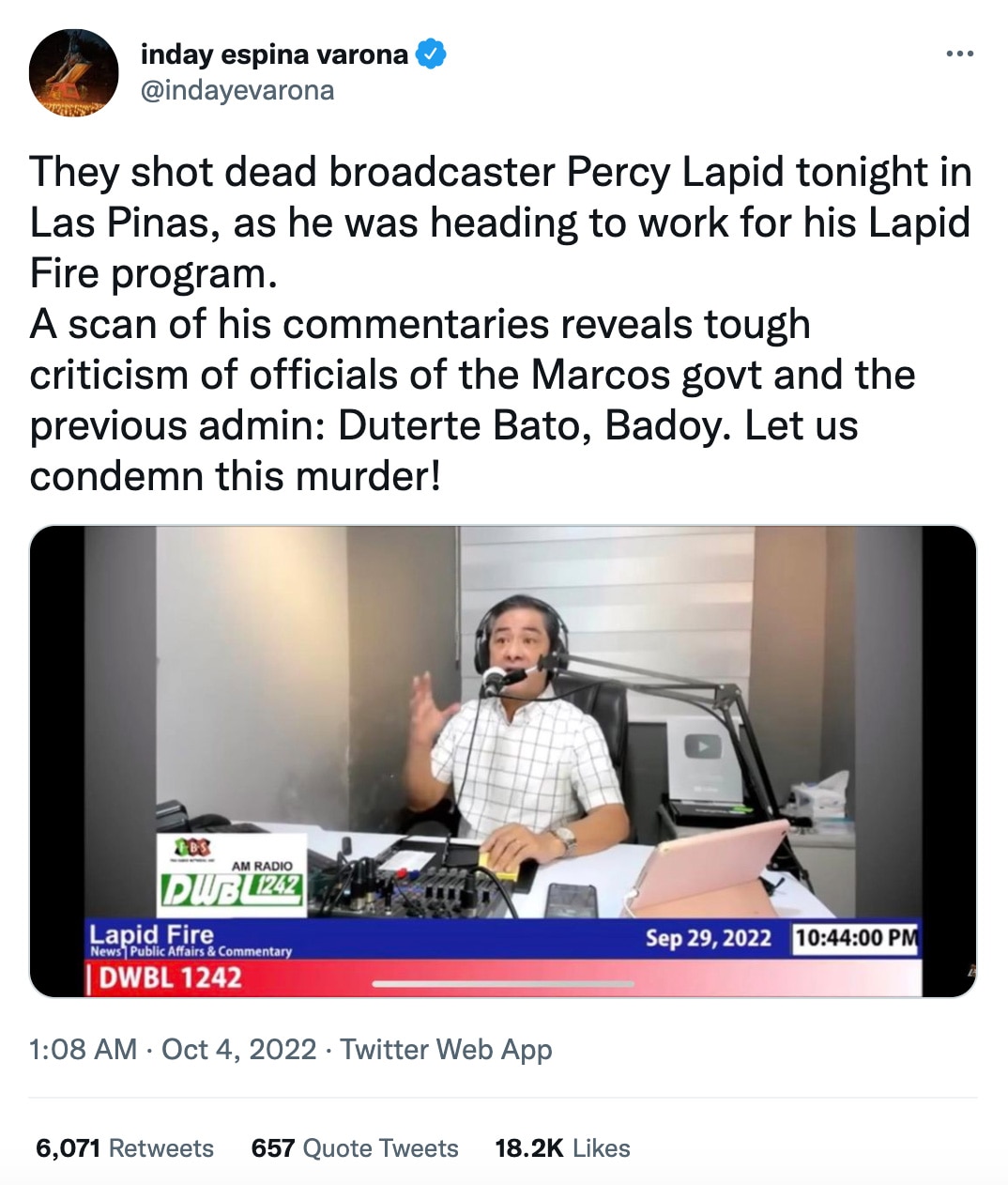 NUJP condemns murder of broadcaster Percy Lapid 