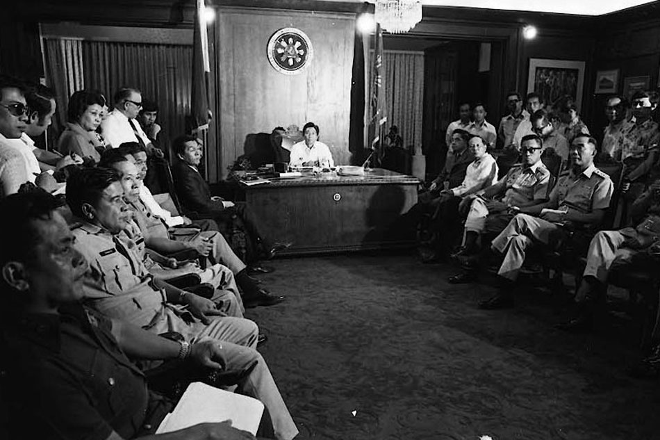 May 8, 1972: President Ferdinand Marcos meets with Secretary Juan Ponce Enrile and various officials to 'update the contingency plans and the list of target personalities in the event of the use of emergency powers.' Marcos signed Proclamation No. 1081 on September 21, 1972, placing the Philippines under Martial Law. Photo from the Presidential Museum and Library