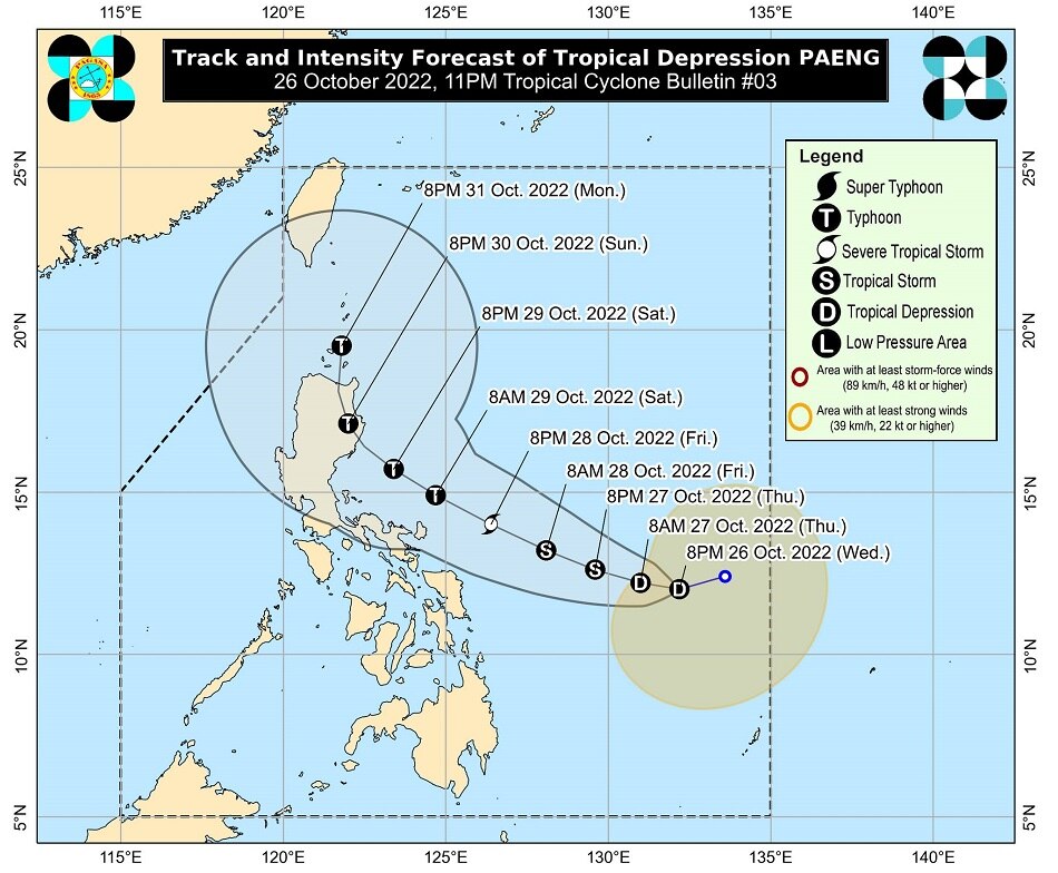 Forecast track of tropical depression Paeng. PAGASA