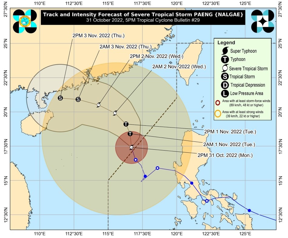 Track and intensity forecast for severe tropical storm Paeng. PAGASA 