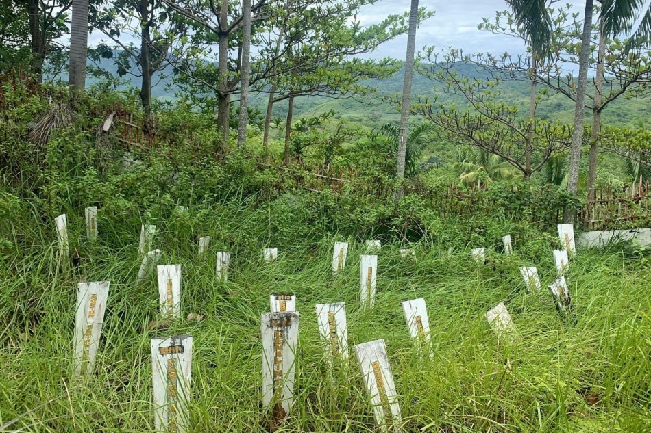 Weeds have grown around the memorial markers for the victims of the 2009 Maguindanao massacre in Ampatuan, Maguindanao del Sur. NUJP photo