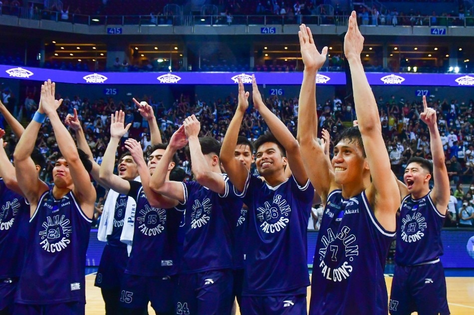 Adamson University (ADU) players celebrate after clinching the 4th spot in the UAAP season 85 men's basketball finals in Pasay City on December 4, 2022. Mark Demayo, ABS-CBN News