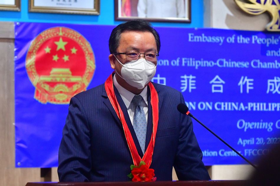 Chinese ambassador to the Philippines Huang Xilian attends the opening of a photo exhibit on Philippines-China cooperation at the FFCCCII Building in Binondo, Manila on April 20, 2022. Mark Demayo, ABS-CBN News/File
