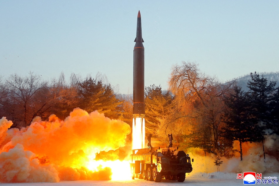 A view of what state news agency KCNA reports is the test firing of a hypersonic missile at an undisclosed location in North Korea, January 5, 2022, in this photo released January 6, 2022 by North Korea's Korean Central News Agency (KCNA). KCNA via Reuters