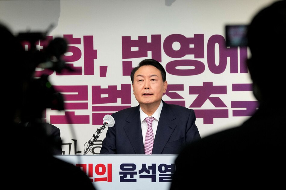 Yoon Suk-yeol, the presidential election candidate of South Korea's main opposition People Power Party (PPP), speaks during a news conference at the party's headquarters in Seoul, South Korea January 24, 2022. Ahn Young-joon/ Pool via Reuters